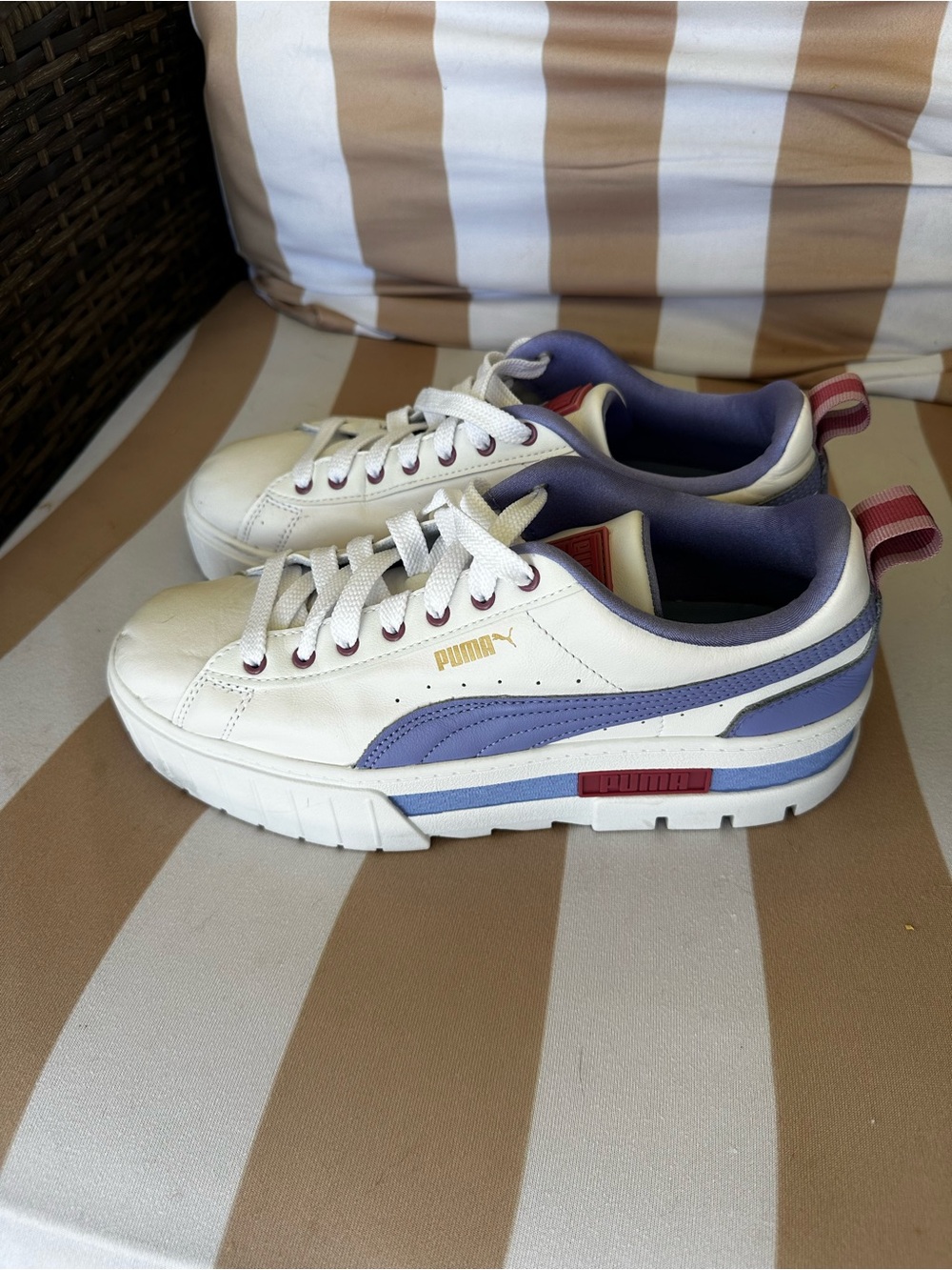 Puma White Platform women’s Sneakers with Lavender and Red Accents